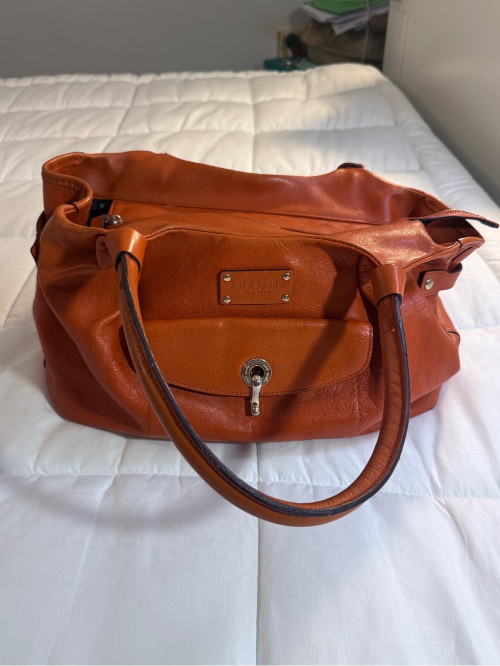 Kate Spade New York Orange Pebbled Leather Satchel | Turn-Lock Front Pocket